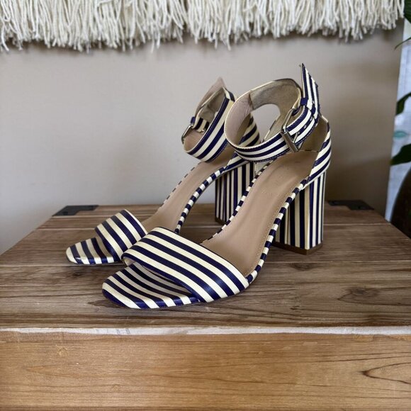 J. Crew Leather Light Cream Navy Stripe Ankle Strap Open Toe Block Heel Sandals - Picture 1 of 16